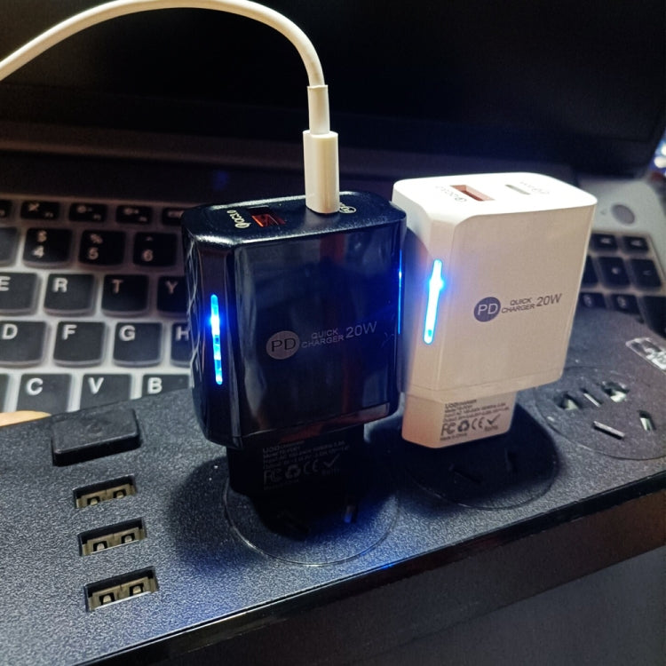 TE-PD01 PD 20W + QC3.0 USB Dual PORTS Cargador Rápido con la luz indicadora Enchufe de US (Negro)