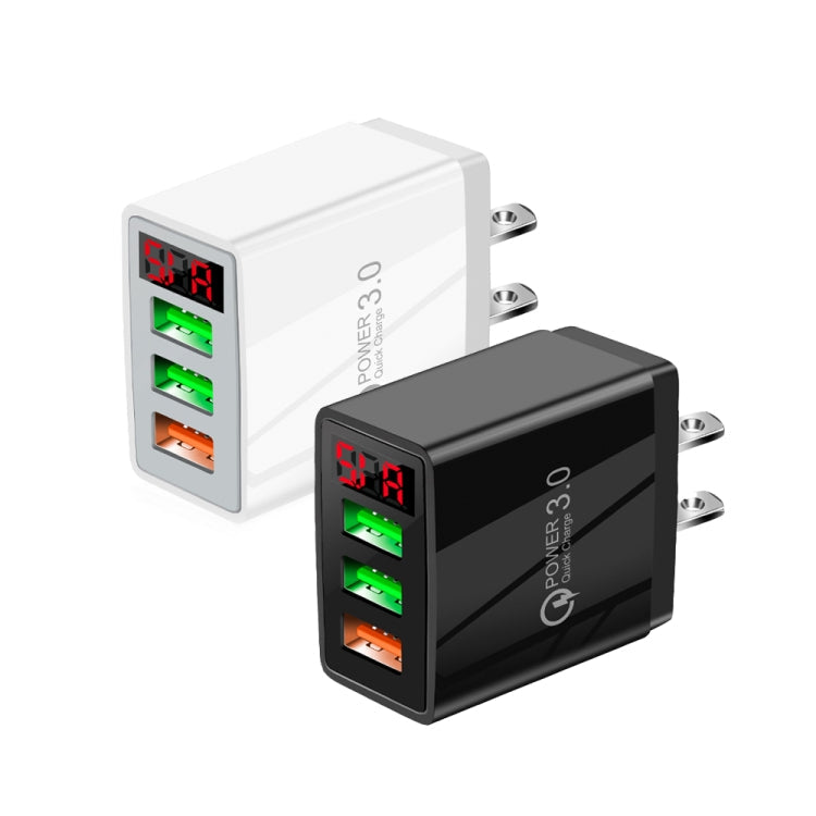 QC-07 5.1A QC3.0 3 x USB Ports Fast Charger with LED Digital Display for Mobile Phones and Tablets US Plug (White)