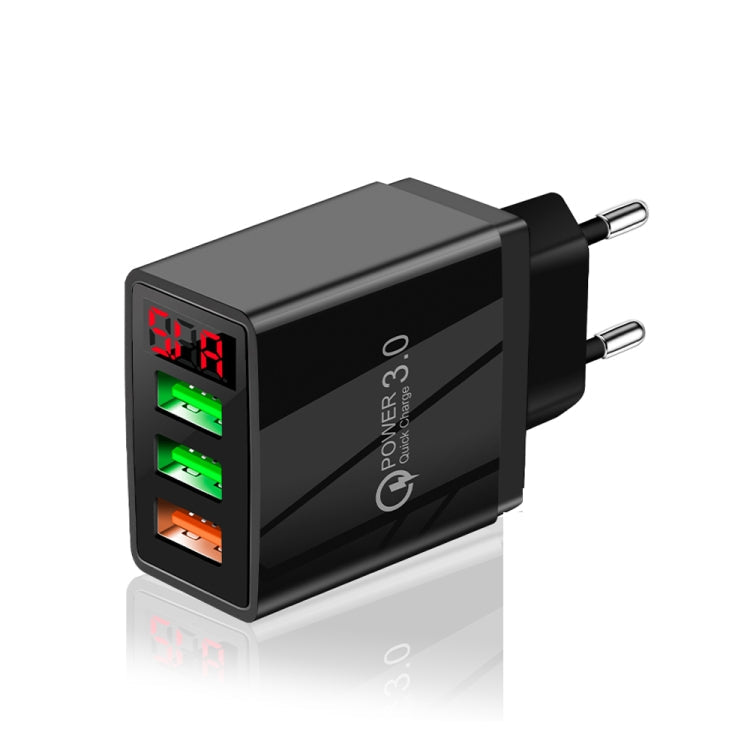 QC-07 5.1A QC3.0 3 x USB Ports Fast Charger with LED Digital Display for Mobile Phones and Tablets EU Plug (Black)