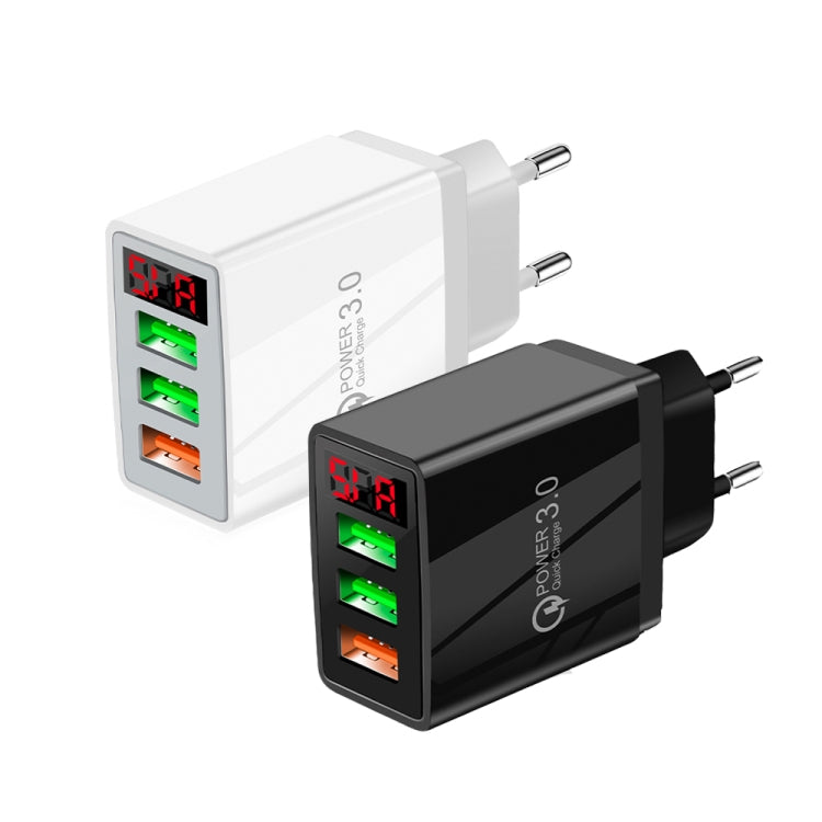 QC-07 5.1A QC3.0 3 x USB Ports Fast Charger with LED Digital Display for Mobile Phones and Tablets EU Plug (White)