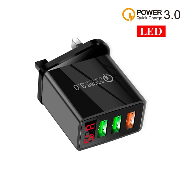 QC-07 5.1A QC3.0 3 ports de chargeur rapide USB avec affichage numérique LED pour téléphones portables et tablettes prise britannique (noir)