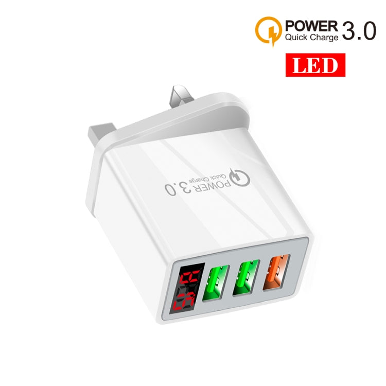 QC-07 5.1A QC3.0 3 ports de chargeur rapide USB avec affichage numérique LED pour téléphones portables et tablettes Prise britannique (Blanc)