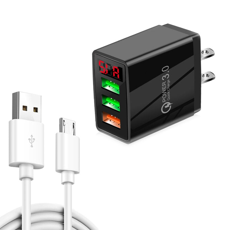 QC-07A QC3.0 3USB LED Digital Display Fast Charger + USB to Micro USB Data Cable US Plug (Black)