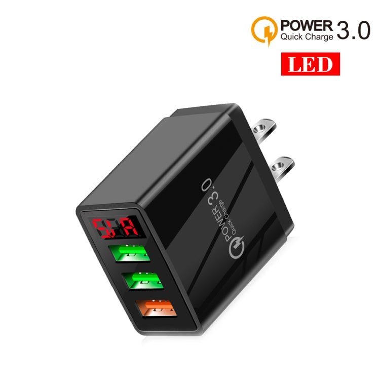 QC-07A QC3.0 3USB LED Pantalla Digital Cargador Rápido + USB a Micro USB Cable de Datos Tapón de US (Negro)