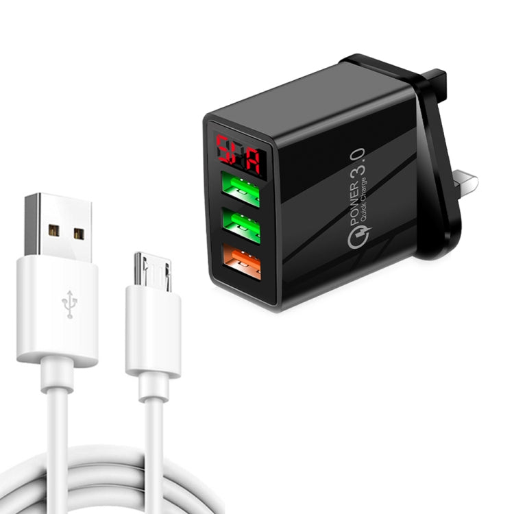 QC-07A QC3.0 Chargeur rapide à affichage numérique LED 3USB + Câble de données USB vers micro USB Prise britannique (Noir)