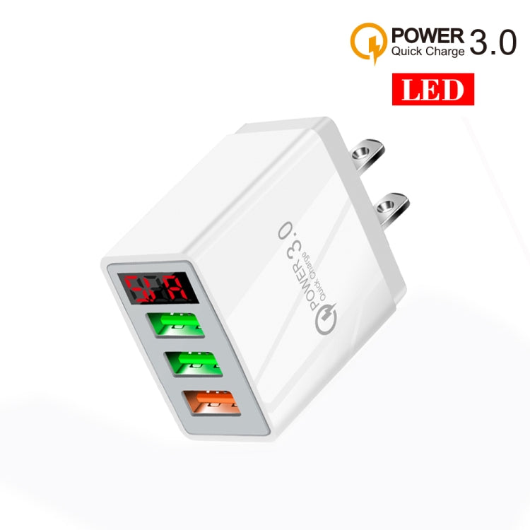 QC-07B QC3.0 3USB LED Digital Display Fast Charger + USB to Type-C Data Cable US Plug (White)