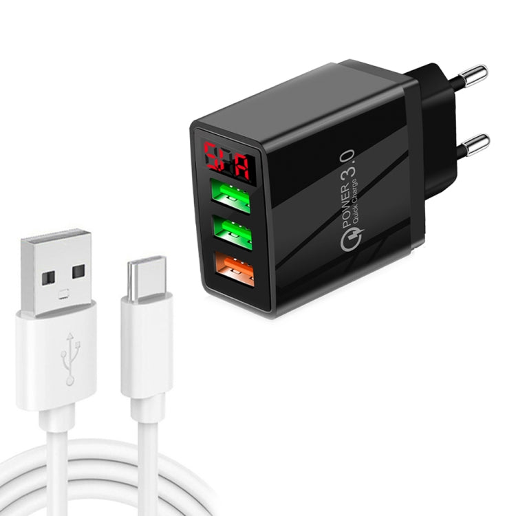 QC-07B QC3.0 3USB LED Digital Display Fast Charger + USB A Type-C Data Cable EU Plug (Black)