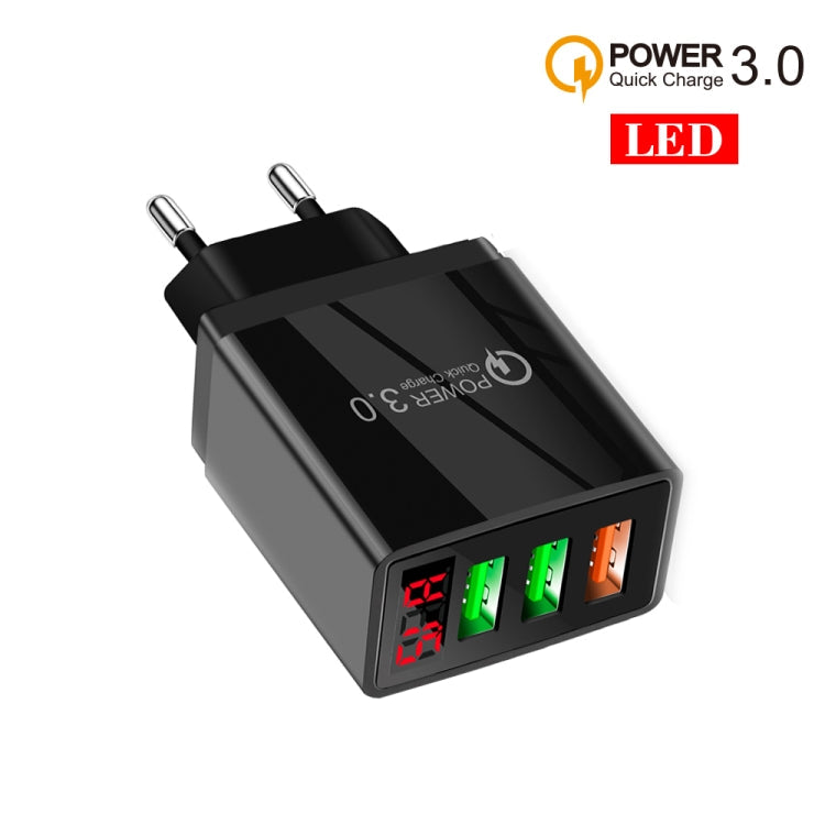 QC-07B QC3.0 3USB LED Digital Display Fast Charger + USB A Type-C Data Cable EU Plug (Black)