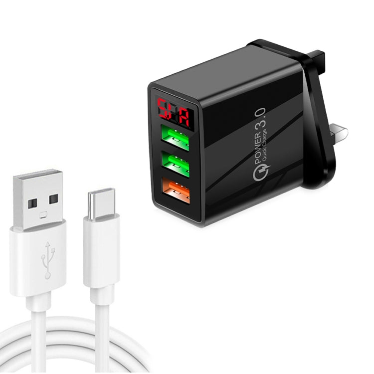 QC-07B QC3.0 3USB LED Digital Display Quick Charger + USB to Type-C Data Cable UK Plug (Black)