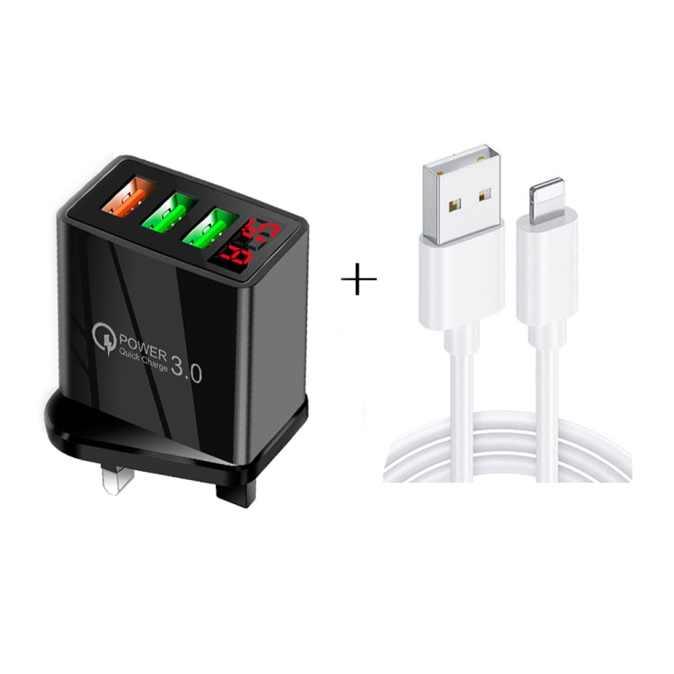 QC-07C QC3.0 3USB LED Digital Display FAST Charger + USB TO 8 PIN Data Cable US Plug (Black)