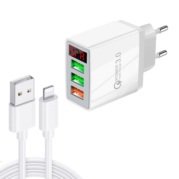 QC-07C QC3.0 3USB LED Pantalla Digital Cargador Rápido + Cable de Datos USB a 8 PIN Enchufe de la UE (Blanco)