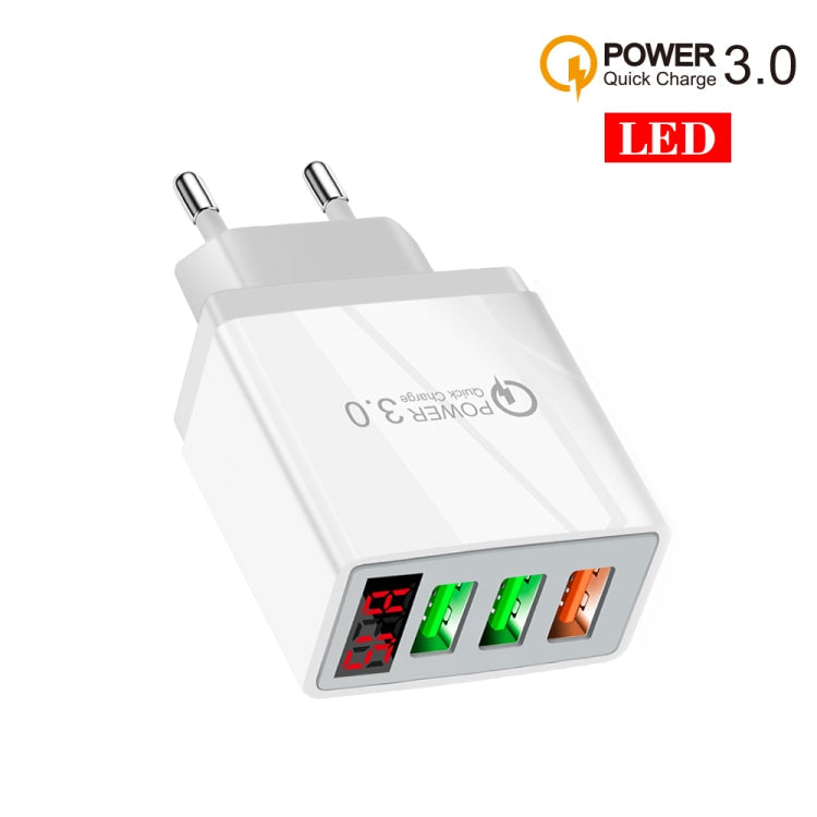 QC-07C QC3.0 3USB LED Pantalla Digital Cargador Rápido + Cable de Datos USB a 8 PIN Enchufe de la UE (Blanco)