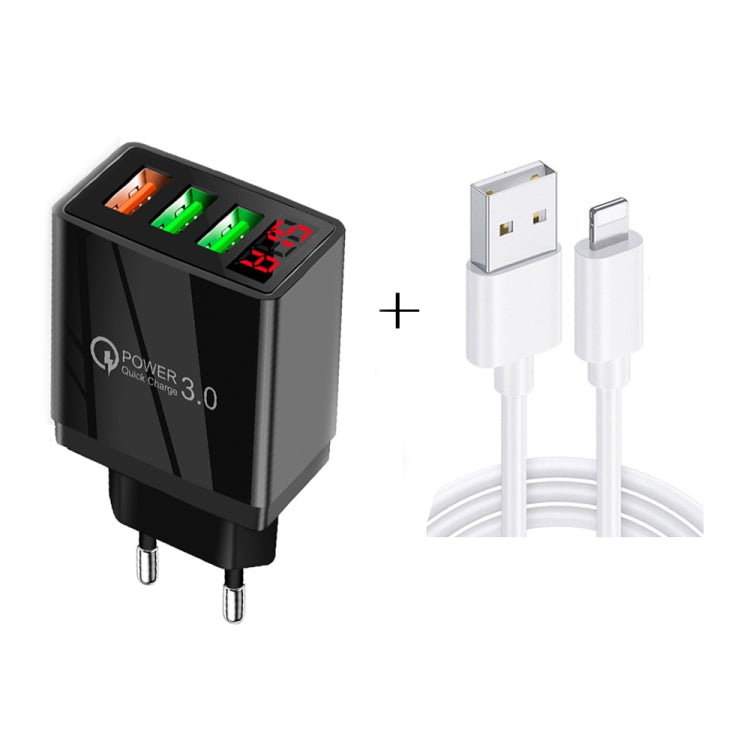 QC-07C QC3.0 3USB LED Pantalla Digital Cargador Rápido + Cable de Datos USB a 8 PIN Enchufe de la UE (Negro)