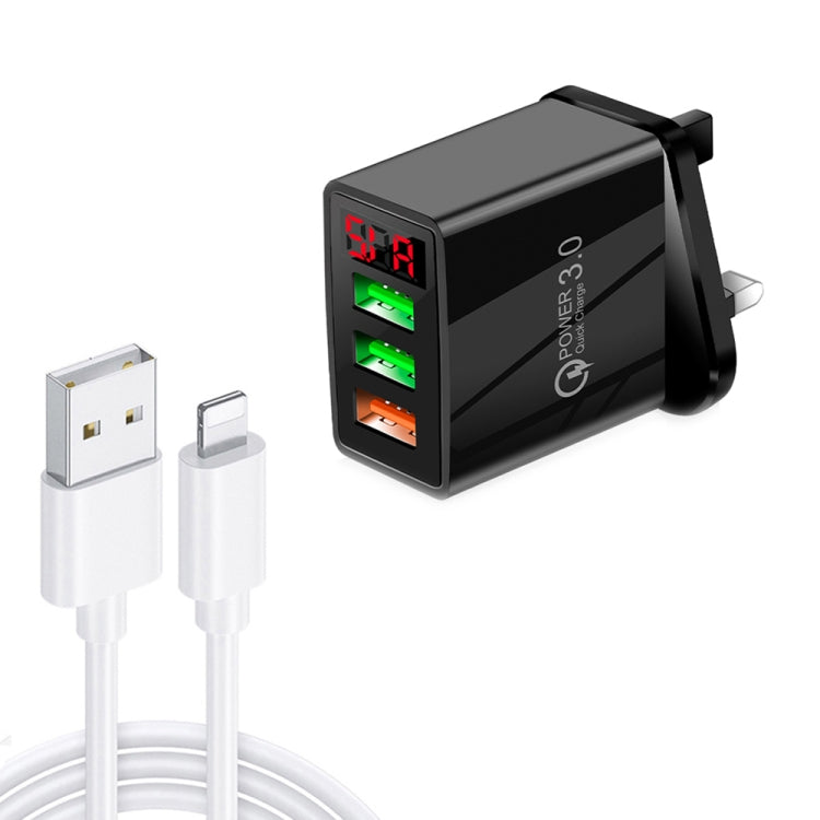 QC-07C QC3.0 Chargeur rapide à affichage numérique LED 3USB + Câble de données USB à 8 broches Prise britannique (Noir)