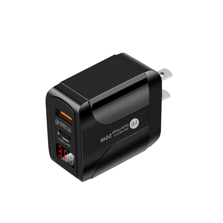 PD001 5A PD3.0 20W + QC3.0 Chargeur rapide USB avec affichage numérique LED Prise US (Noir)
