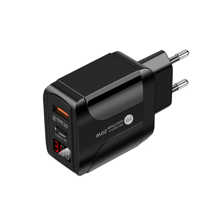 PD001 5A PD3.0 20W + QC3.0 Chargeur rapide USB avec affichage numérique LED Prise EU (Noir)
