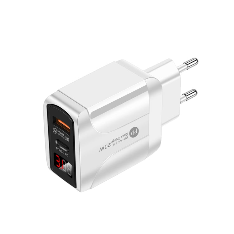 PD001 5A PD3.0 20W + QC3.0 USB Fast Charger with LED Digital Display EU Plug (White)
