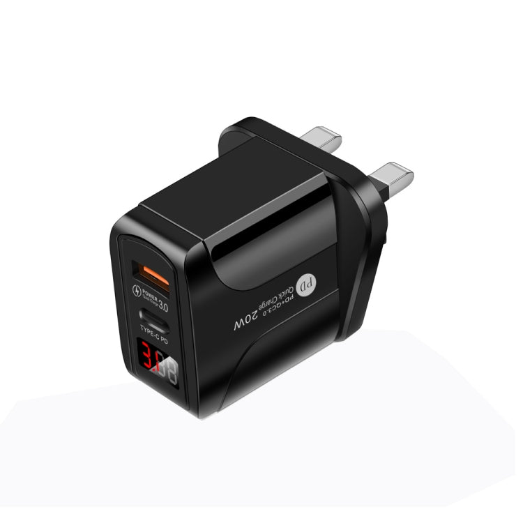 PD001 5A PD3.0 20W + QC3.0 USB Cargador Rápido con Pantalla Digital LED Enchufe del Reino Unido (Negro)