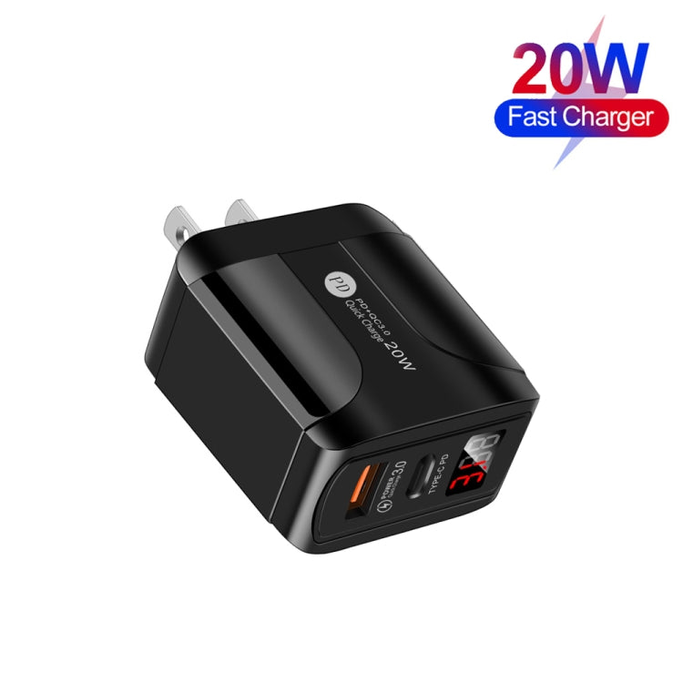 PD001A PD3.0 20W + QC3.0 USB LED Digital Display Fast Charger with USB to Micro USB Data Cable US Plug (Black)
