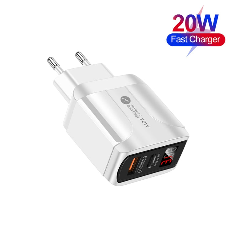 PD001A PD3.0 20W + QC3.0 USB LED Digital Display Fast Charger with USB to Micro USB Data Cable EU Plug (White)