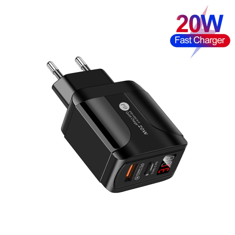 PD001B PD3.0 20W + QC3.0 USB LED Digital Display Fast Charger with USB to Type-C Data Cable EU Plug (Black)