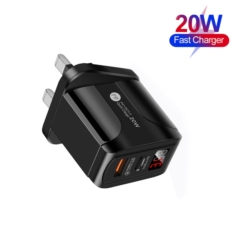 PD001B PD3.0 20W + QC3.0 USB LED Digital Display Fast Charger with USB to Type-C Data Cable UK Plug (Black)