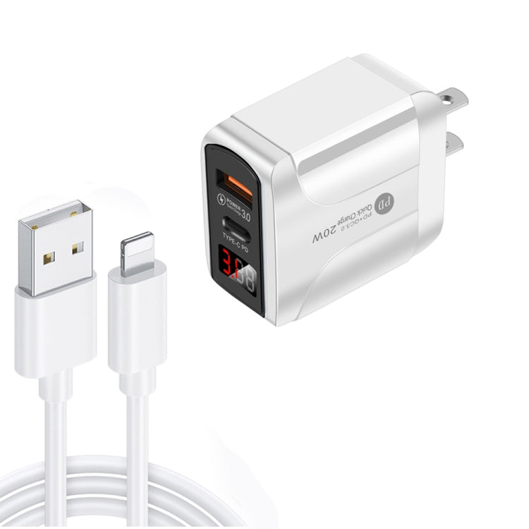 PD001C PD3.0 20W + QC3.0 Chargeur rapide à affichage numérique LED USB avec câble de données USB vers prise US 8 broches (Blanc)