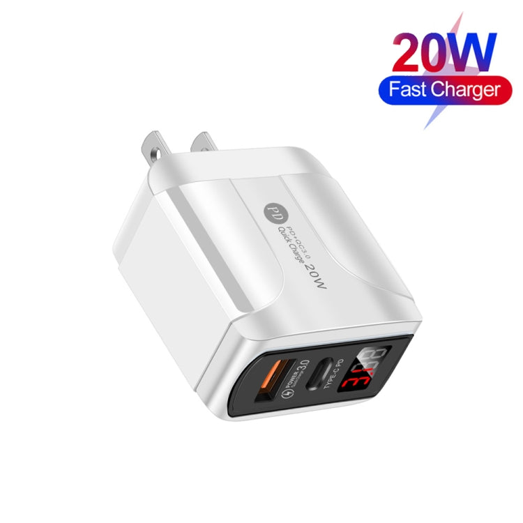 PD001C PD3.0 20W + QC3.0 USB LED Digital Display Fast Charger with USB Data Cable to 8 PIN US Plug (White)