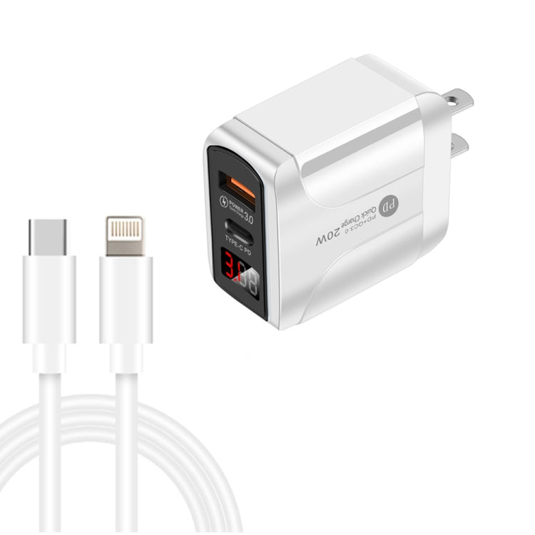 PD001D PD3.0 20W + QC3.0 USB LED Pantalla Digital Cargador Rápido con Cable de Datos Tipo-C a 8 PIN Enchufe de US (Blanco)