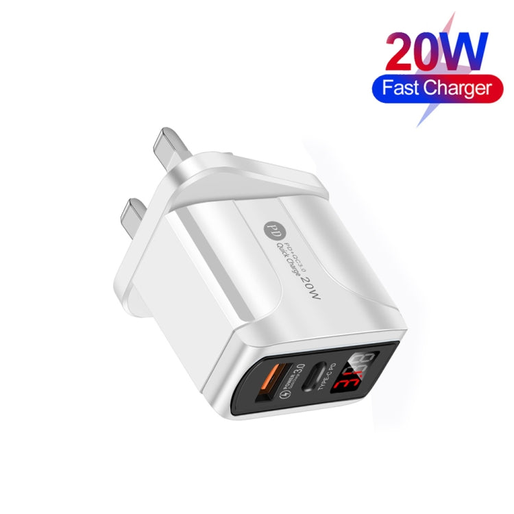 PD001D PD3.0 20W + QC3.0 USB LED Digital Display Fast Charger with Type-C to 8 PIN Data Cable UK Plug (White)