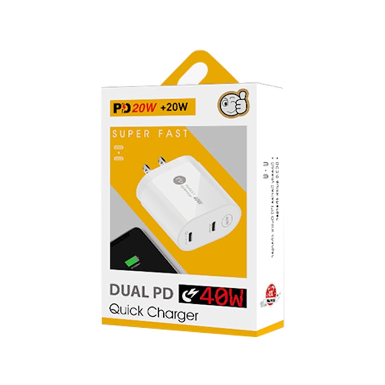 Cargador 40W Puerto Dual PD USB-C / Tipo-C Cargador Rápido para iPhone / iPad Series Tapón de US (Blanco)