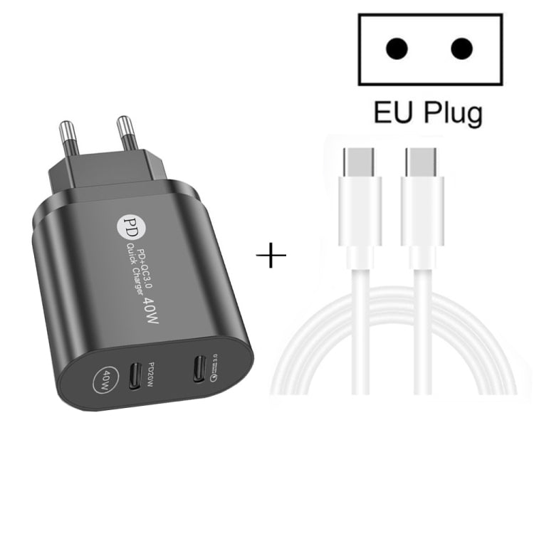 Cargador 40W PD3.0 de Doble Puerto USB-C / TYPE-C con el Cable de Datos Tipo C a Tipo-C Enchufe de la UE (Negro)