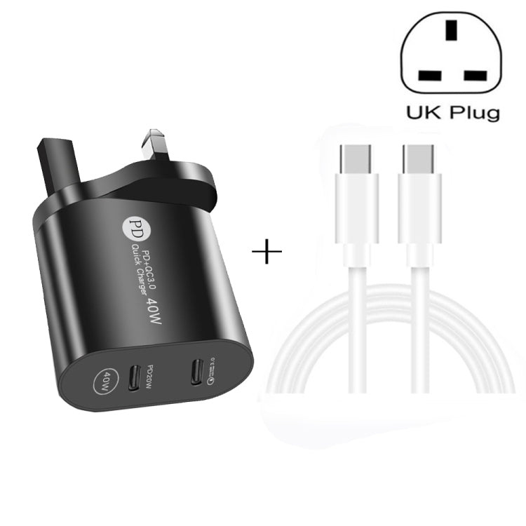 40W PD3.0 Dual Port USB-C / Type C Charger / with TYP-C to Type-C Data Cable UK Plug (White)