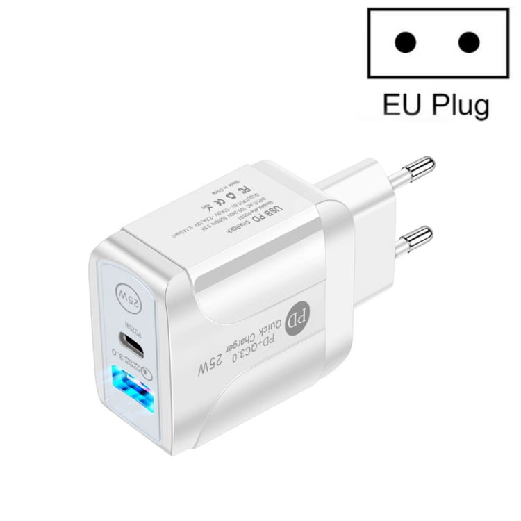 PD25W USB-C / TYP-C + QC3.0 USB Dual PORTS Fast Charger EU Plug (Blanc)