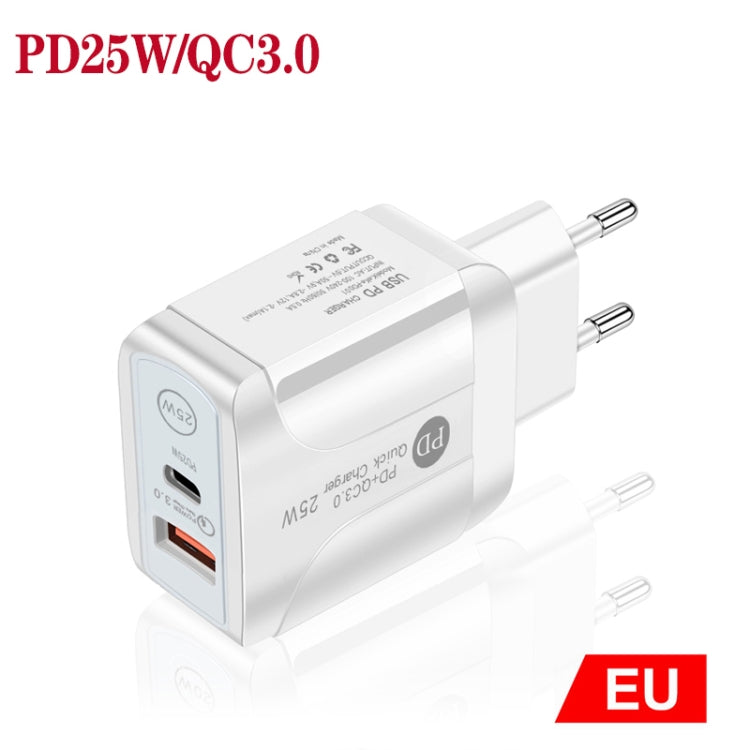 PD25W USB-C / TYP-C + QC3.0 USB Dual PORTS Cargador Rápido Enchufe de la UE (Blanco)