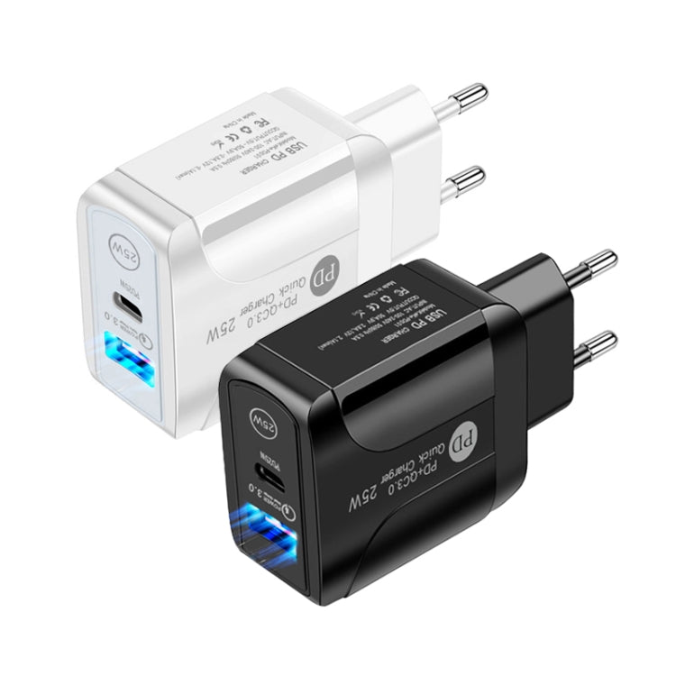 PD25W USB-C / TYP-C + QC3.0 USB Dual PORTS Fast Charger EU Plug (White)