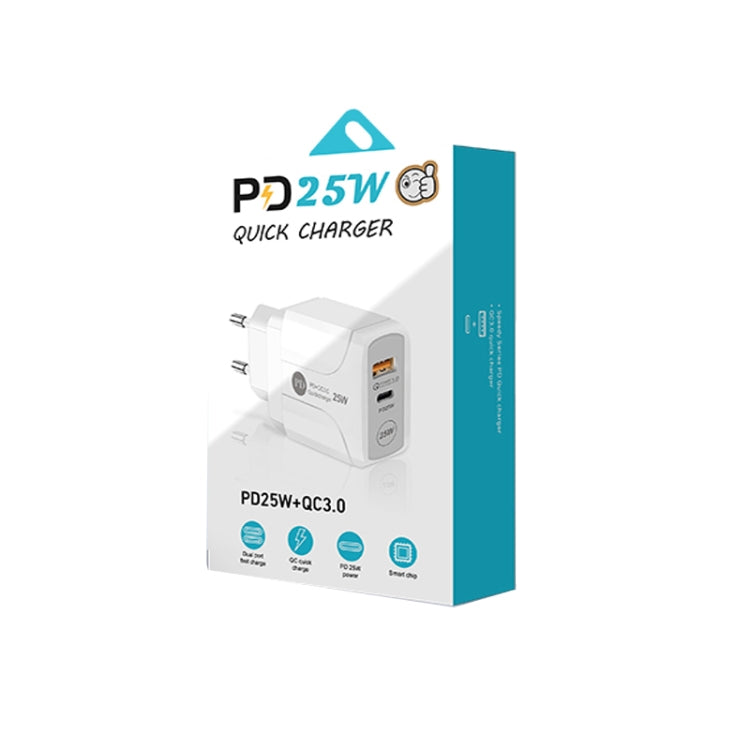 PD25W USB-C / TYP-C + QC3.0 USB Dual PORTS Fast Charger EU Plug (White)