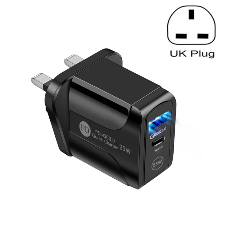 PD25W USB-C / TYPE-C + QC3.0 USB Dual PORTS CARGER FAST Enchufe del Reino Unido (Negro)