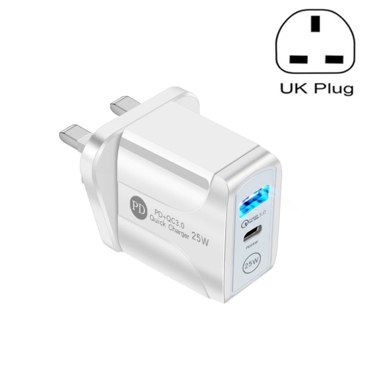 PD25W USB-C / TYPE-C + QC3.0 USB Fast Charger Dual Ports UK Plug (White)
