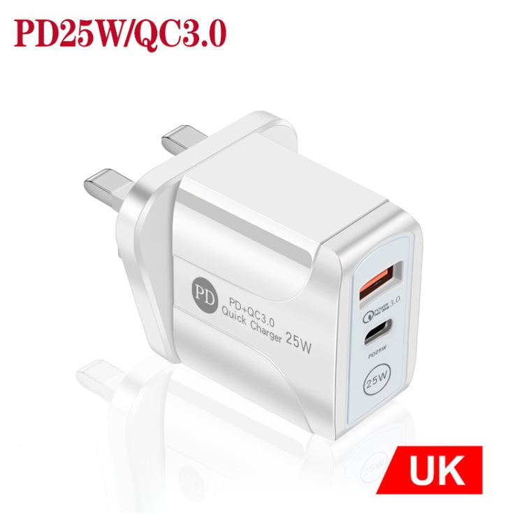 PD25W USB-C / TYPE-C + QC3.0 Chargeur rapide USB double ports prise britannique (blanc)