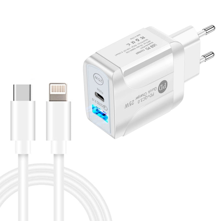 PD25W USB-C / TYP-C + QC3.0 USB Fast Dual Port Charger with USB-C Data Cable to 8 PIN EU Plug (White)