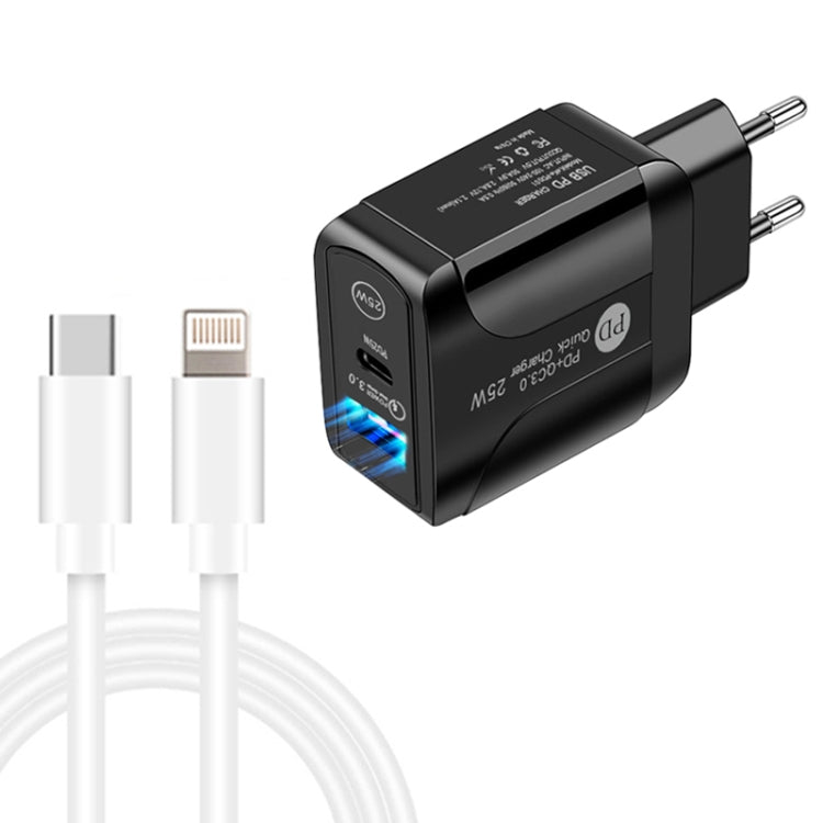 PD25W USB-C / Type-C + QC3.0 Dual USB Ports with USB-C Data Cable to 8 PIN EU Plug (Black)