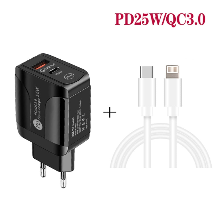 PD25W USB-C / Type-C + QC3.0 Dual USB Ports with USB-C Data Cable to 8 PIN EU Plug (Black)