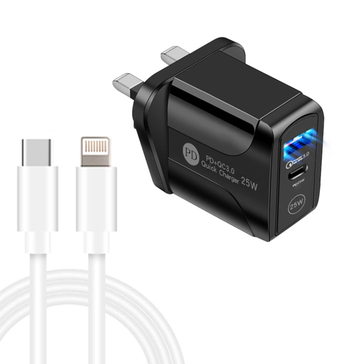 PD25W USB-C / Type C + QC3.0 Dual USB Ports with USB-C Data Cable to 8 PIN UK Plug (Black)