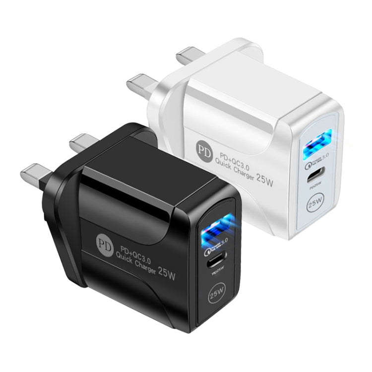 PD25W USB-C / TYP-C + QC3.0 Dual USB Ports with USB-C to 8 PIN Data Cable UK Plug (White)