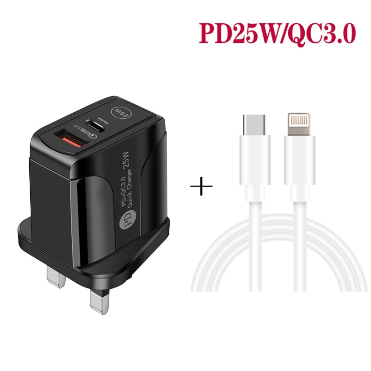 PD25W USB-C / Tipo C + QC3.0 Puertos de Doble Puerto USB con Cable de Datos USB-C a 8 PIN Enchufe del Reino Unido (Negro)