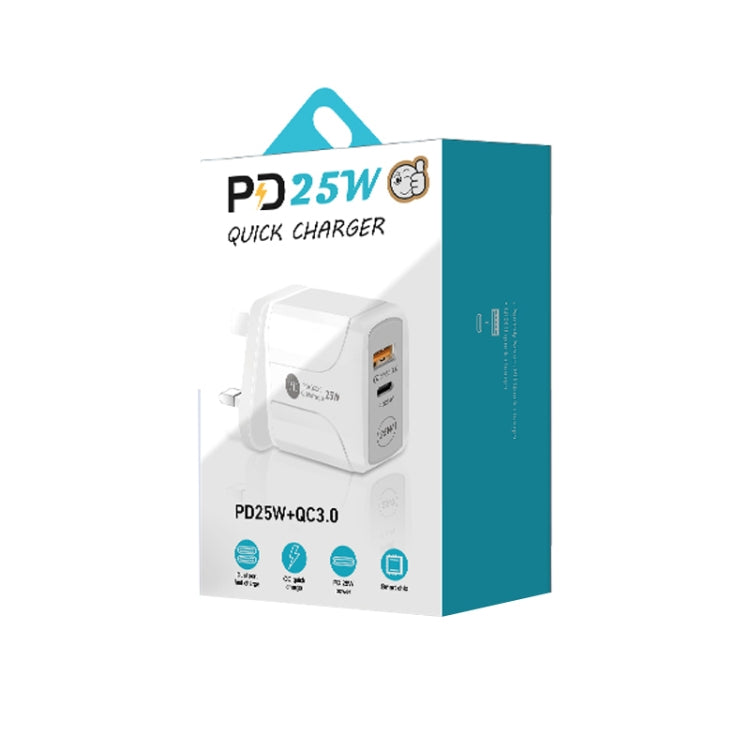 PD25W USB-C / TYP-C + QC3.0 Puertos de Doble Puertos USB con Cable de Datos USB-C a 8 PIN Enchufe del Reino Unido (Blanco)