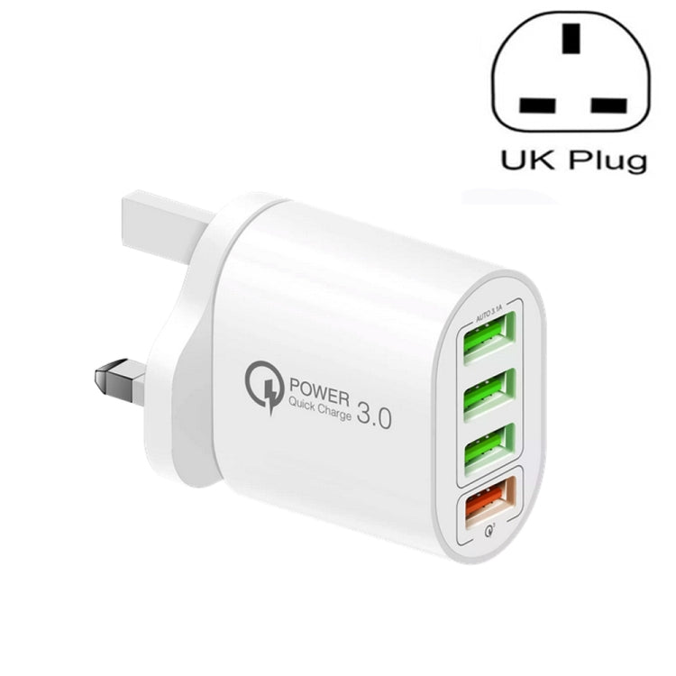 QC-04 QC3.0 + 3 x USB 2.0 Cargador de Puertos múltiples para Teléfono Móvil tableta Enchufe del Reino Unido (Blanco)