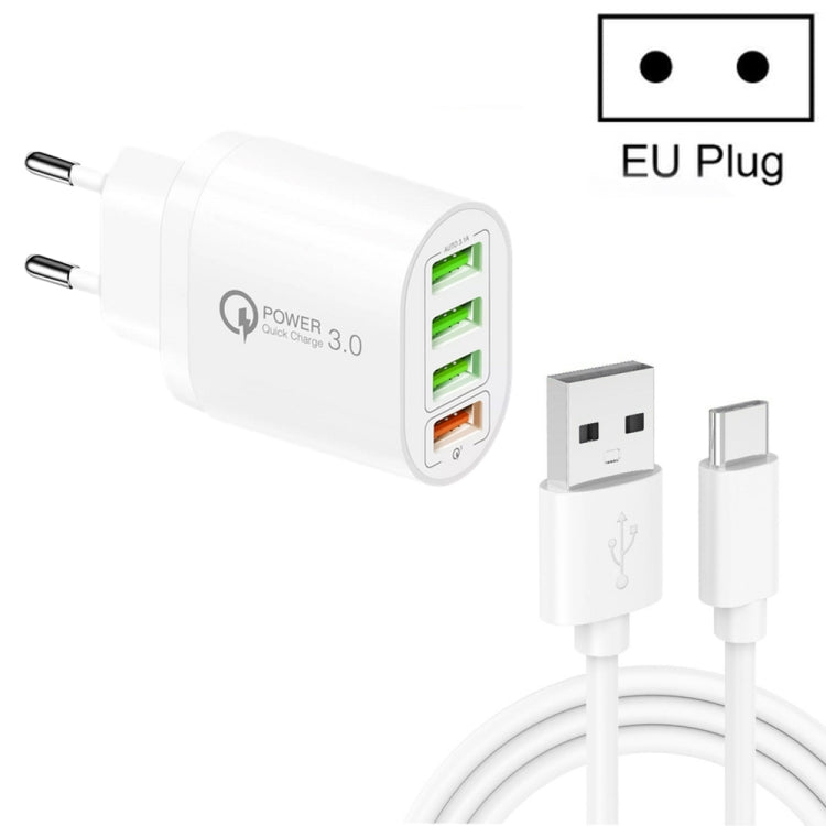 QC-04 QC3.0 + 3 x USB2.0 Cargador de Puertos múltiples con 3A Cable de Datos de USB a TIP-C Enchufe de la UE (Blanco)