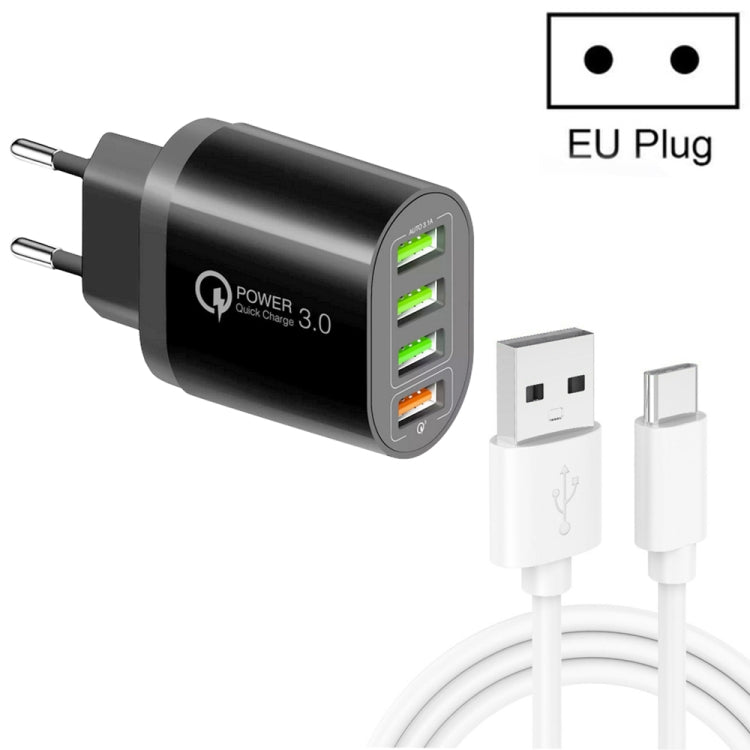 QC-04 QC3.0 + 3 x USB2.0 Cargador de Puertos múltiples con 3A Cable de Datos de USB a TIP-C Enchufe de la UE (Negro)